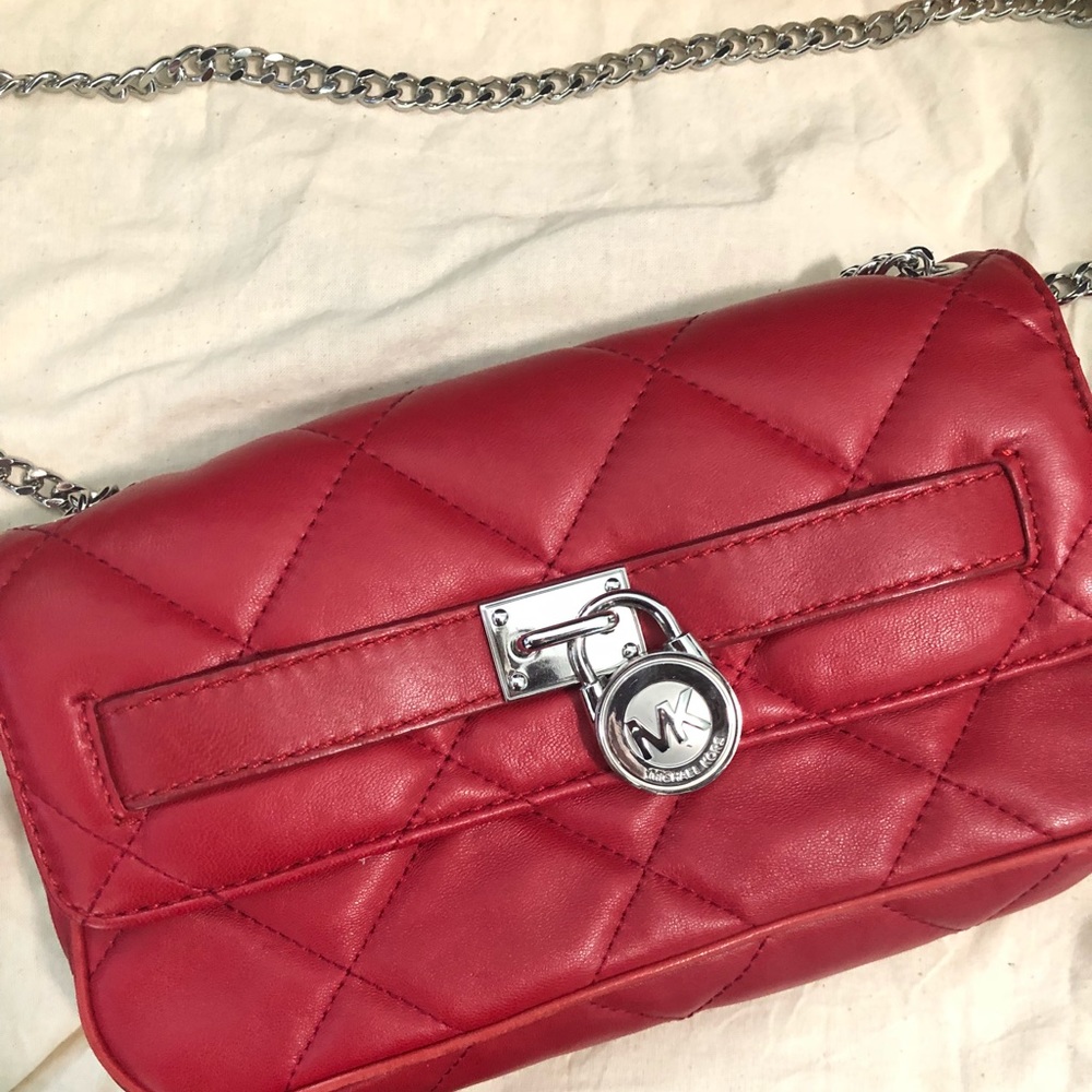 Michael Kors MK REd leather handbag w/silver chain